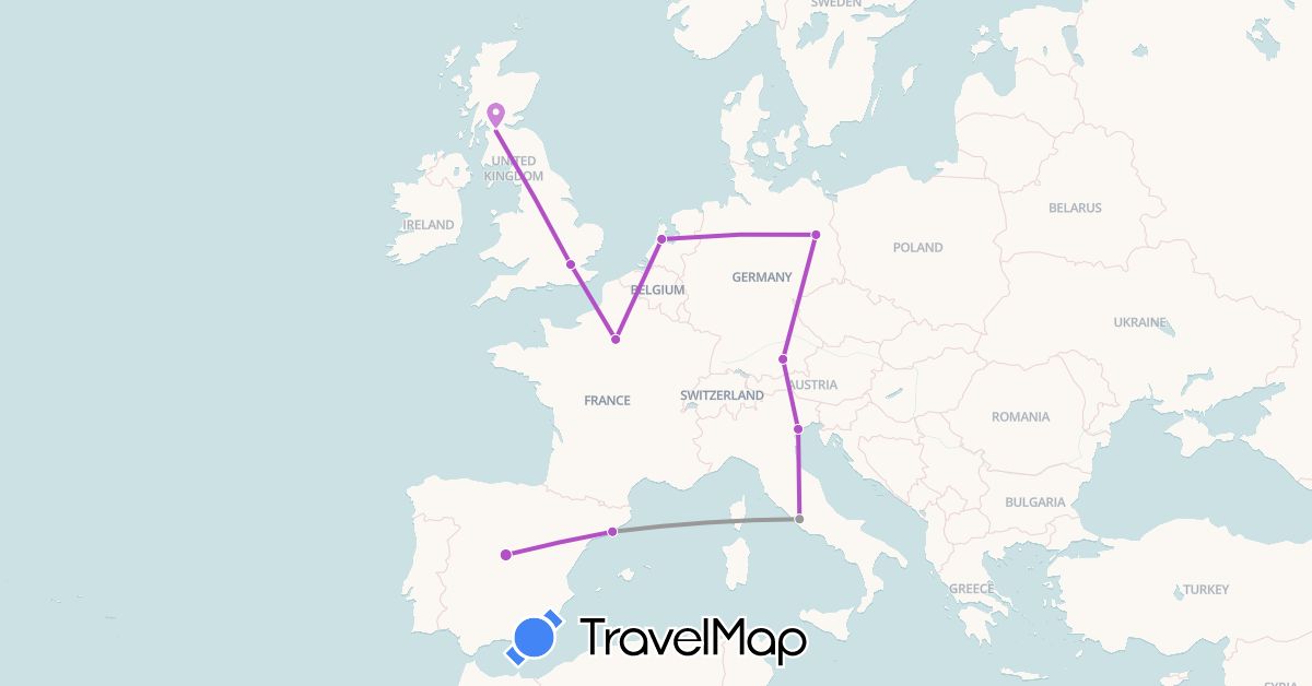TravelMap itinerary: driving, plane, train in Germany, Spain, France, United Kingdom, Italy, Netherlands (Europe)